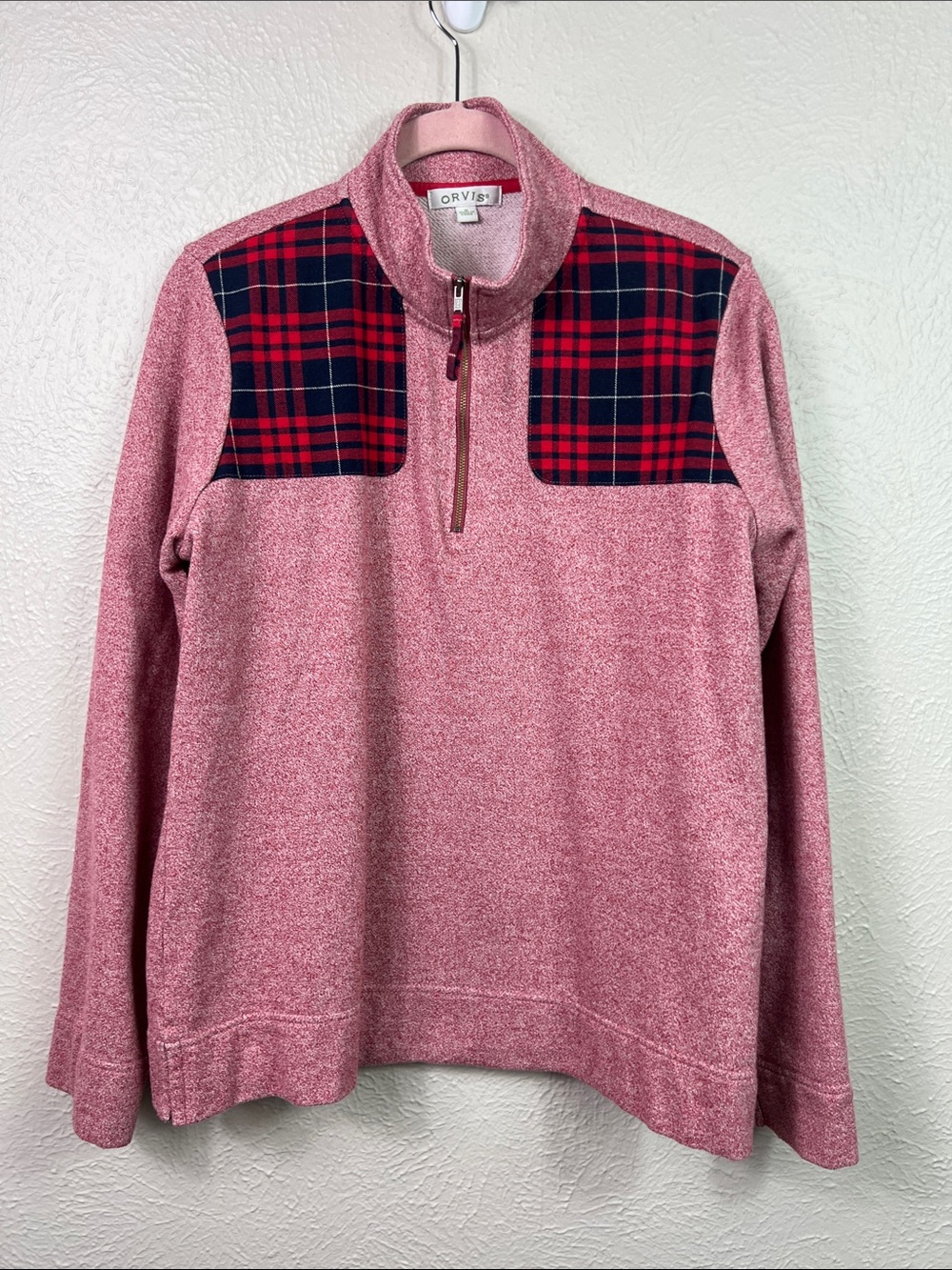 Orvis 1/4 Zip Long Sleeve Elbow Patch Red Plaid Popover Top Medium